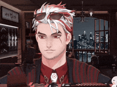 a man with red and white hair is wearing sunglasses and a red shirt