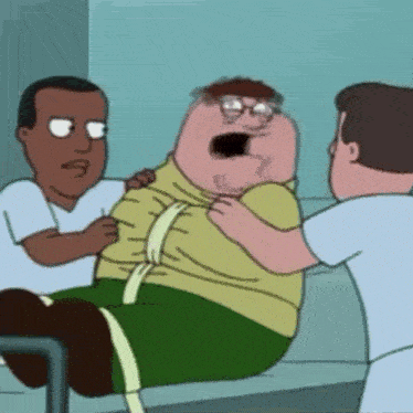 peter griffin is tied up in a hospital bed by two nurses