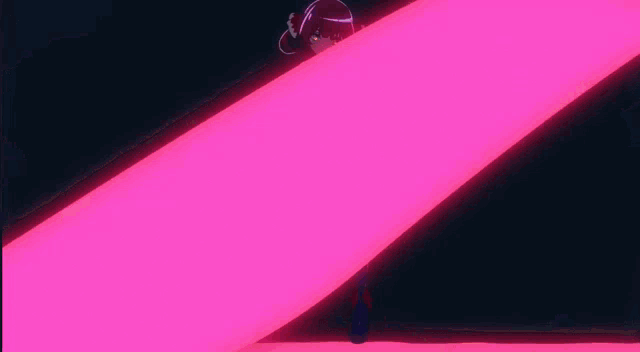 a girl with red hair is standing in front of a large pink heart with the word love in the background