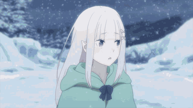 a girl with white hair and purple eyes is wearing a green hooded cape