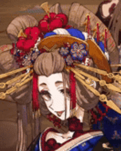 a cartoon drawing of a geisha wearing a hat with flowers on it