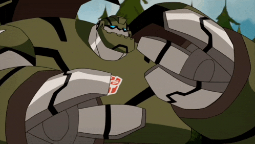 a cartoon robot with a red and white transformer on it 's chest