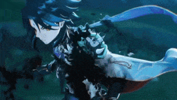 a cartoon character with blue hair and yellow eyes is holding a sword in a dark forest .