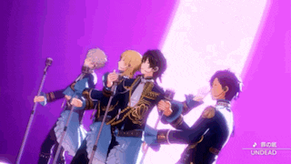 a group of anime characters are singing into microphones on stage