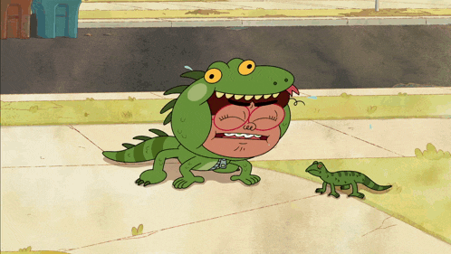 a cartoon character is wearing a lizard costume with its mouth open