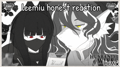a black and white drawing of a man and a woman with the words leemiu honest reaction on the bottom