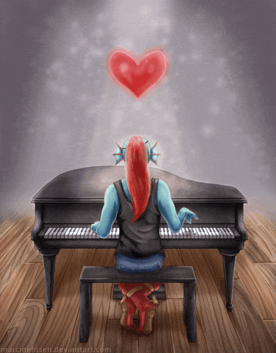 a drawing of a person playing a piano with a heart coming out of the ceiling