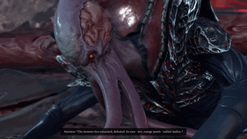 a screenshot of a video game shows a monster with the words narrator " the monster lies exhausted defeated