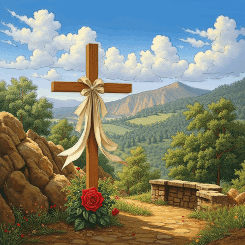 a wooden cross with a white ribbon around it
