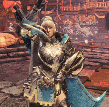 a woman in armor is holding a sword in a room