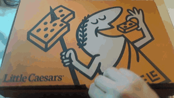 a little caesars pizza box with a cartoon of a man holding a hammer