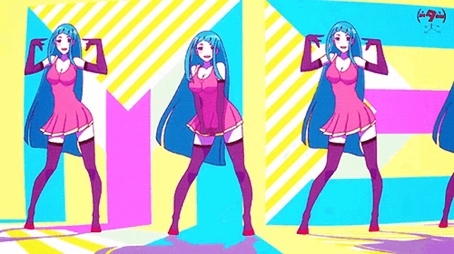 three anime girls are dancing in front of a colorful background and the letters a and b are visible