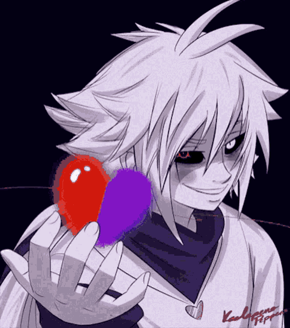 a drawing of a person holding a red apple and a purple ball