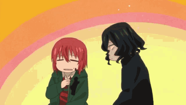 a man and a girl are standing next to each other on a yellow background