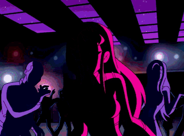 a cartoon drawing of a woman in a purple outfit
