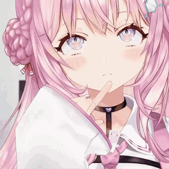 a girl with pink hair and purple eyes is wearing a choker