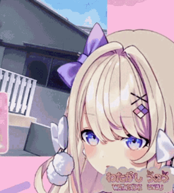 a girl with blonde hair and a purple bow on her hair