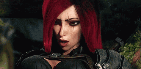 a woman with red hair is holding a sword in her hand and looking at the camera .