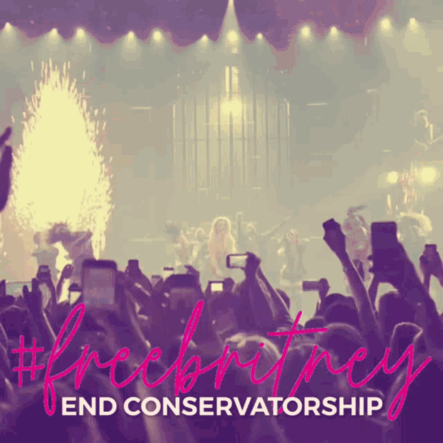 a crowd of people at a concert with the words free britney end conservatorship on the bottom