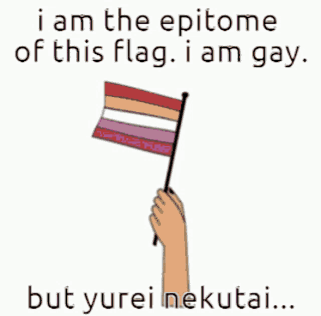 a hand is holding a lesbian flag and says i am the epitome of this flag .