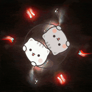 two cartoon cats are sitting in a circle with red lights around them