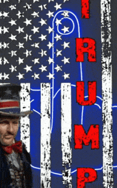 a man in a top hat and bow tie stands in front of an american flag with the word trump on it