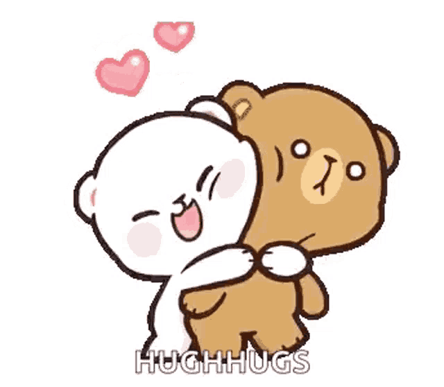 a couple of teddy bears hugging each other with hearts flying in the background .