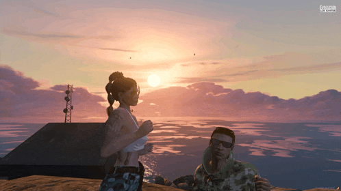 a man and a woman standing in front of a sunset in a video game called grand theft auto