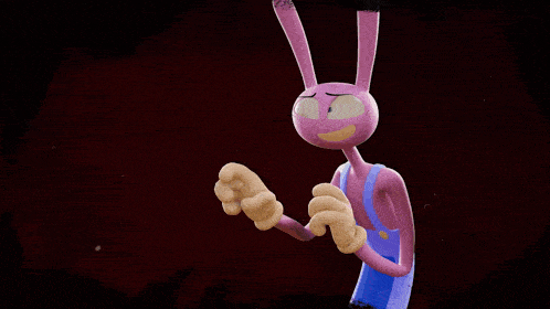 a pink cartoon bunny with blue overalls and a sad face