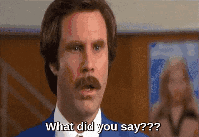 a man with a mustache is saying what did you say