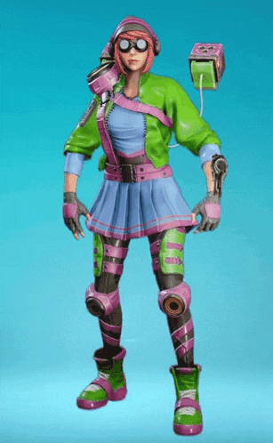 a woman in a green jacket and pink skirt is standing on a blue background