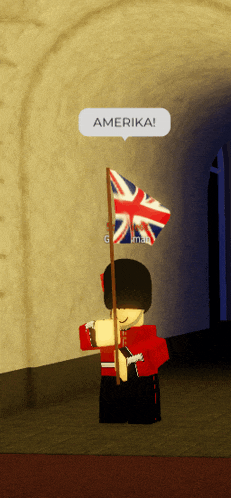 a cartoon character holding a british flag and a speech bubble that says amerika
