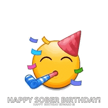 a happy sober birthday greeting card with smiley faces wearing party hats and blowing party horns .