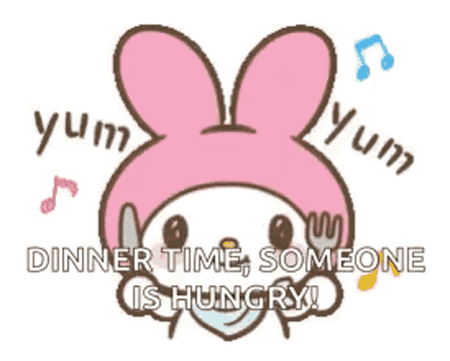 a cartoon of a pink bunny with the words " dinner time someone is hungry "