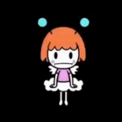 a cartoon girl with orange hair and a pink shirt is standing on a cloud .