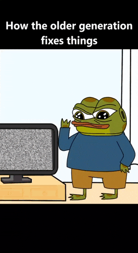 a cartoon of a frog standing in front of a television with the words how the older generation fixes things