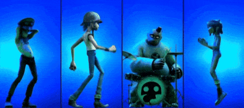 four cartoon characters are dancing and one is playing drums with a skull on it