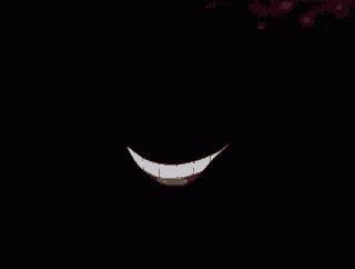 a cartoon face with yellow eyes and white teeth on a black background