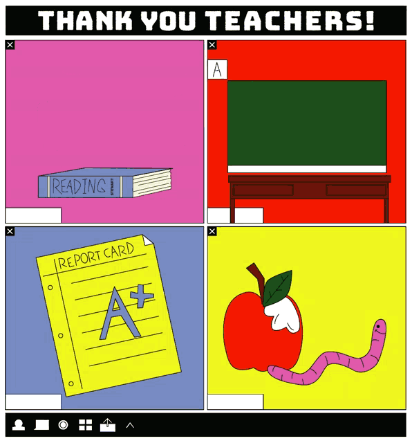 a poster that says " thank you teachers " with a book a report card an apple and a worm