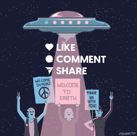 a poster that says like comment share with a flying saucer in the background