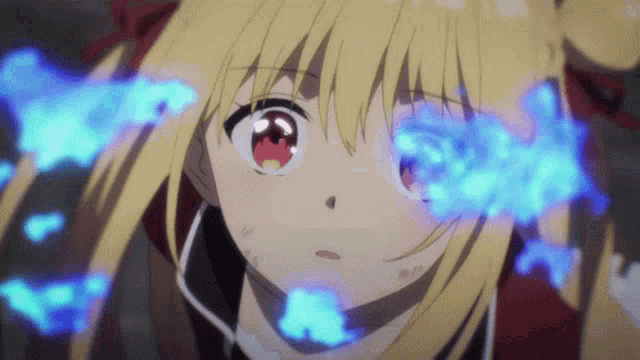 a girl with blonde hair and red eyes is surrounded by blue fire
