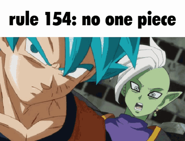a cartoon of a man with blue hair and a green elf with the words rule 154 : no one piece