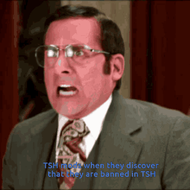 a man in a suit and tie is talking about tsh mods when they discover that they are banned in tsh