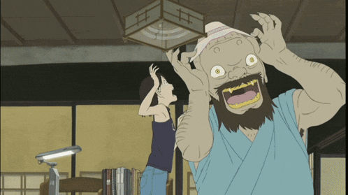 a cartoon drawing of a man with a beard and a woman looking at him