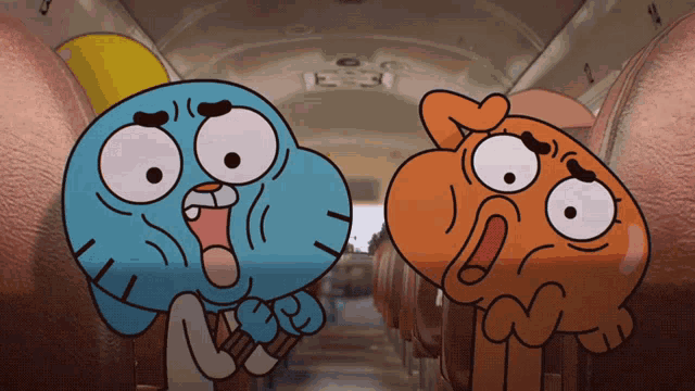 a cartoon character named gumball and darwin are sitting on an airplane