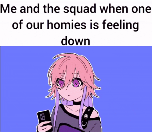 a girl with pink hair and purple eyes is holding a cell phone in her hand with the caption me and the squad