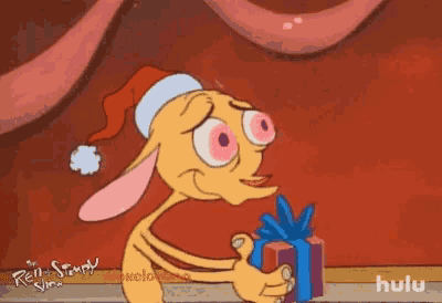 a cartoon of ren and simon holding a gift