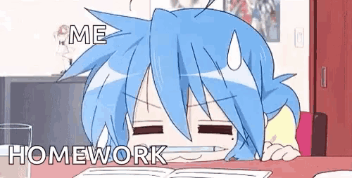 a cartoon girl with blue hair is sitting at a desk with a pencil in her mouth and says `` me homework '' .
