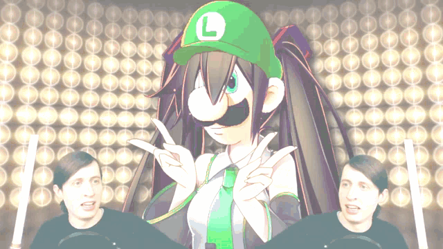 a girl wearing a green hat with the letter l on it stands in front of two men