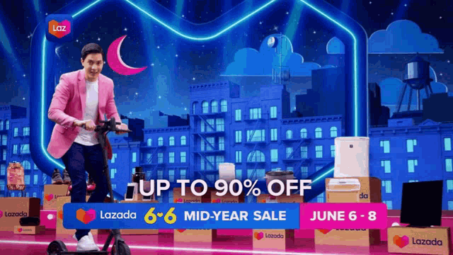 a man in a pink jacket is riding a scooter in front of a lazada ad
